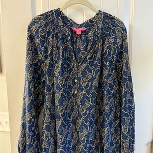 Lilly Pulitzer Elsa Blouse Navy and Gold CHEETAH Patterned Top